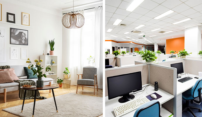 Collage of clean living room and office space