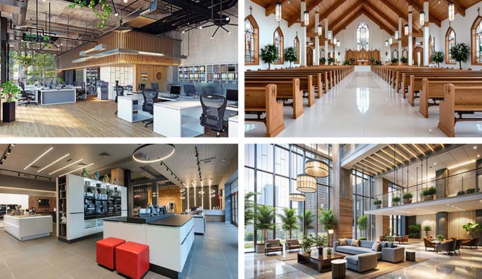 Collage of clean office church retail store and hotel lobby