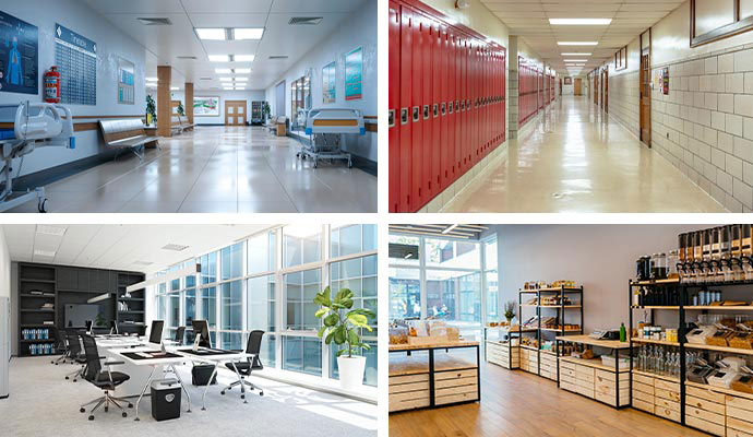 Collage of hospital, office room, college corridor, and retail store