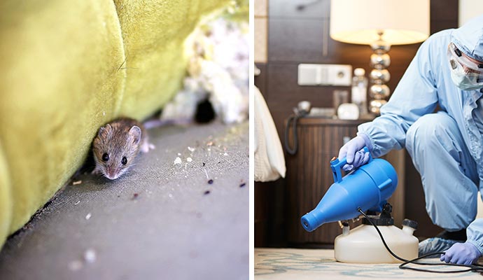 Collage of rodent infestation and professional with hazmat suit disinfectinga room