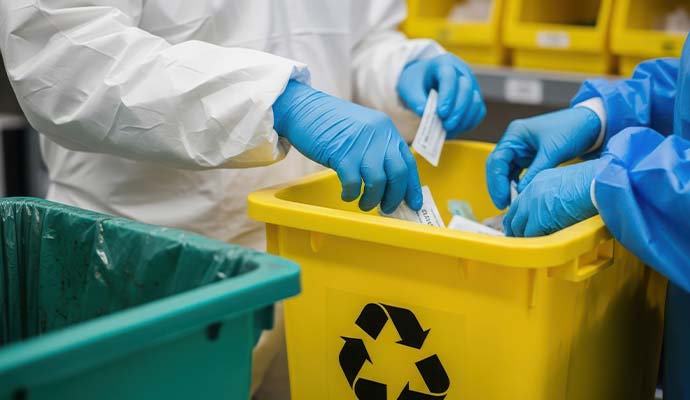 Gloved hands sorting medical waste into yellow container