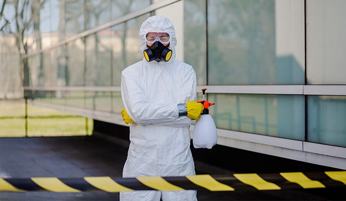 Person in hazmat suit with a sprayer in the outdoor