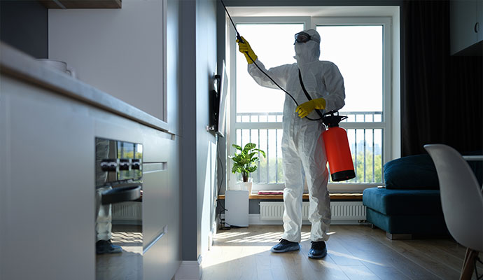 Technician disinfecting a home after nicotine cleaning
