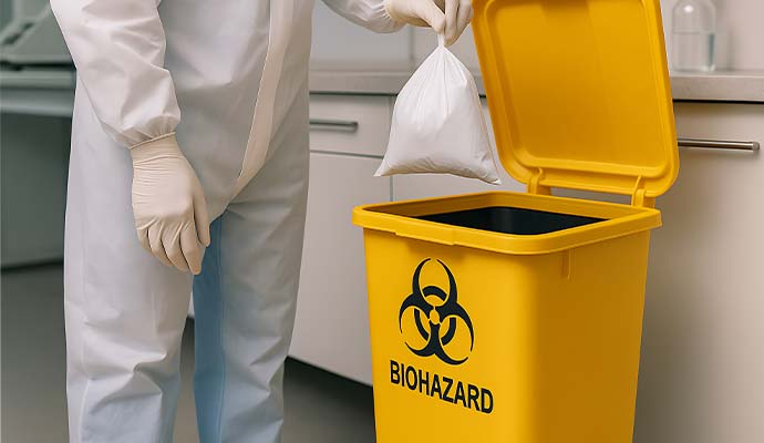 Technician dropping sealed waste bag into yellow biohazard bin