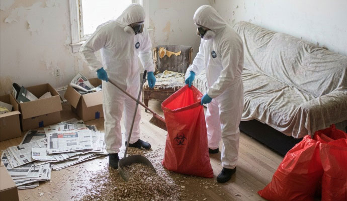 Two professionals are cleaning feces and urine