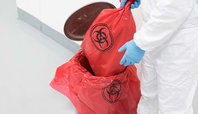 Worker in protective suit placing red biohazard bag into waste bin