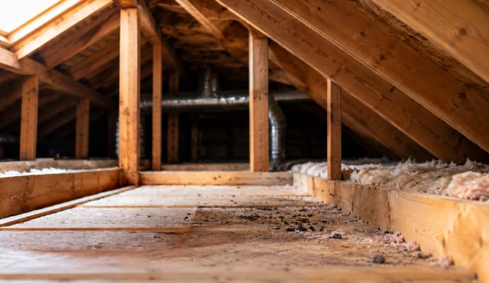 Bat droppings accumulated on wooden attic floorboards