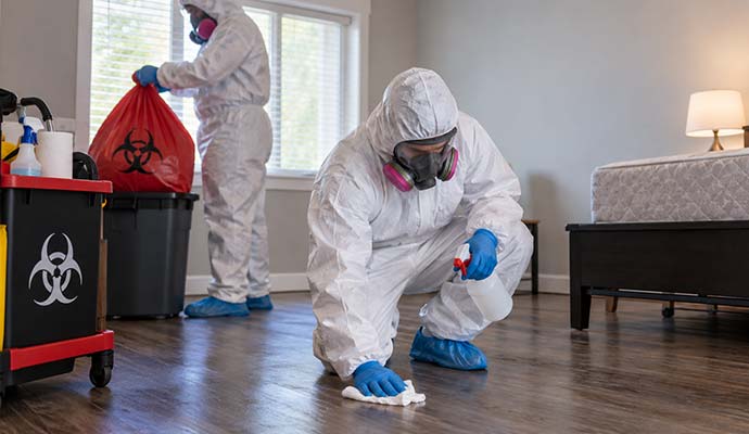 Biohazard cleanup specialists in protective suits decontaminating a room