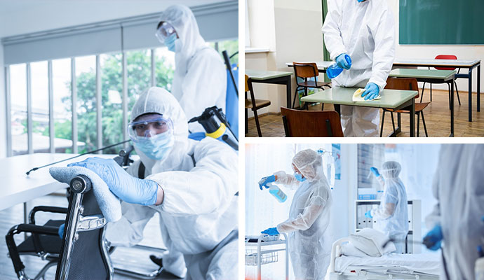 Collage of professional biohazard cleanup services in multiple locations