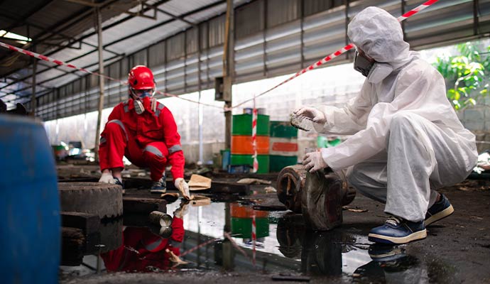 Hazmat workers responding to a hazardous spill in an industrial environment