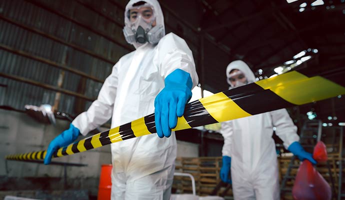 Hazmat workers setting up a containment zone in a hazardous environment