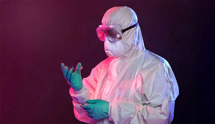 Specialist in hazmat suit examining petri dish