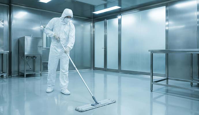 Technician in hazmat suit mopping cleanroom floor
