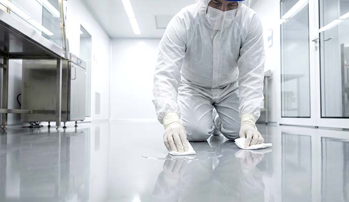 Technician in protective suit wiping chemical spill on floor