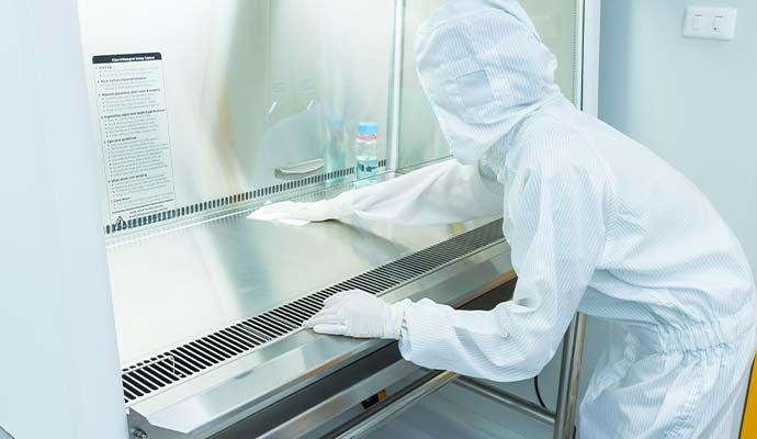Technician sanitizing biosafety cabinet in laboratory