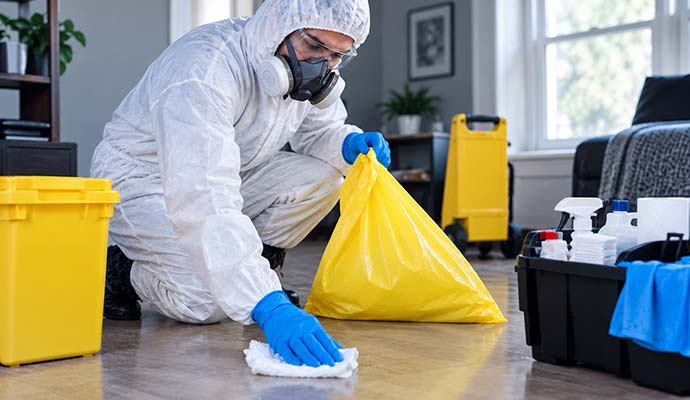 Biohazard remediation specialist cleaning and disinfecting a floor surface