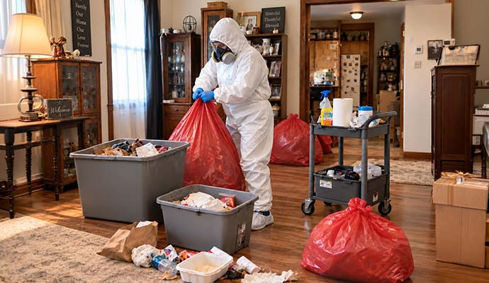 Biohazard specialist in protective gear clearing trash and waste in a residential room