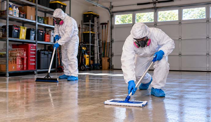 Biohazard specialists in protective gear cleaning and mopping a garage floor