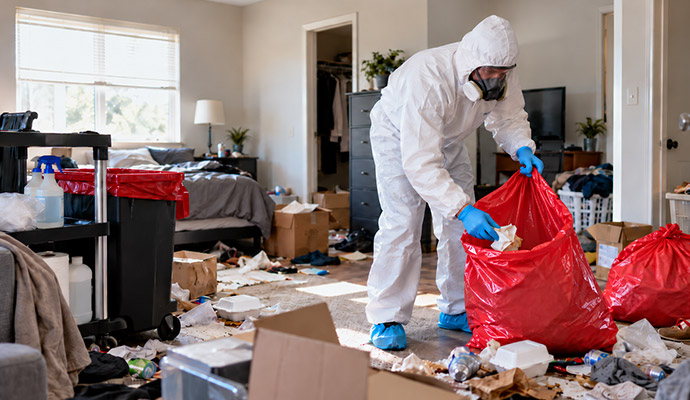 Biohazard technician collecting waste into a biohazard bag