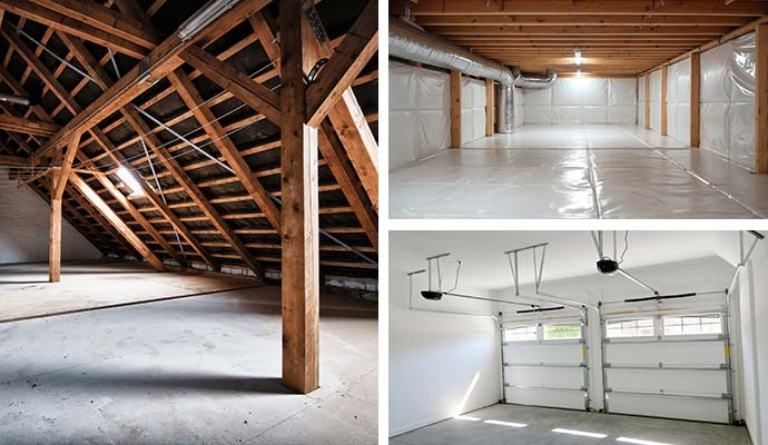Collage of attic, crawlspace, and garage