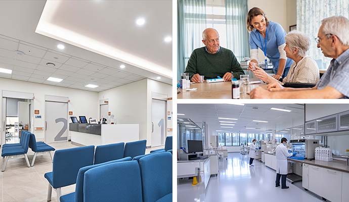 Collage of medical facilities including clinic waiting area, assisted living care, and laboratory