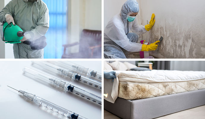 Collage of odor removal, hypodermic needle collection, mold cleanup, and bed bug treatment