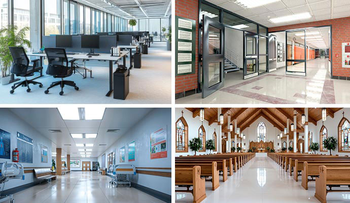 Collage of office room, hospital corridor, college, and church