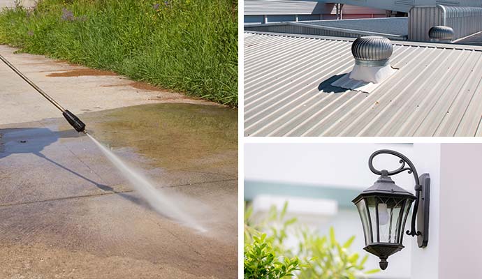 Collage showing concrete pressure washing, metal rooftop, and outdoor lighting fixture