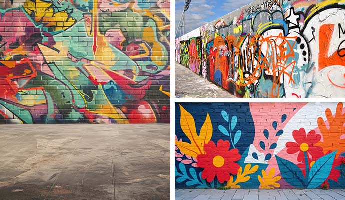 Collage showing graffiti markings on brick walls, concrete barriers, and painted surfaces