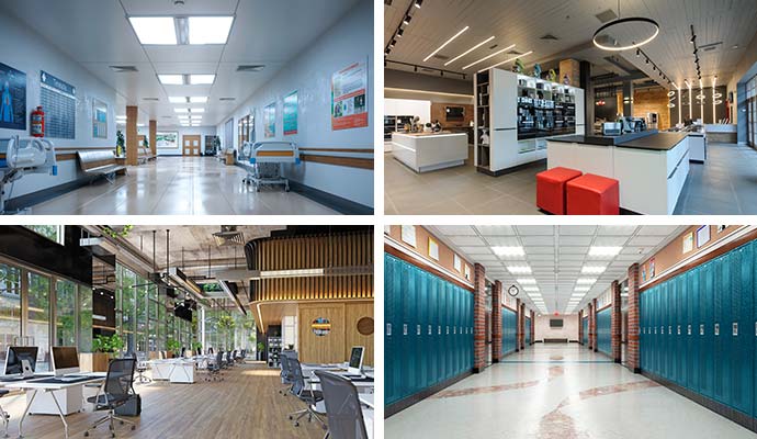 Collage of commercial facilities including healthcare, office, retail, and school buildings