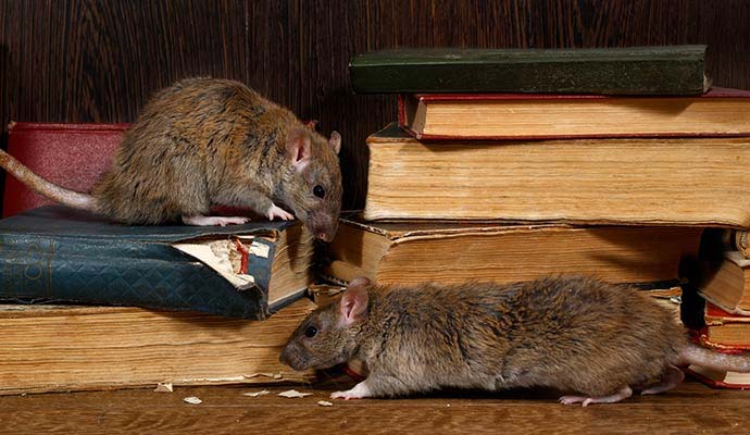 Two brown rats damaging old books needing rodent cleanup