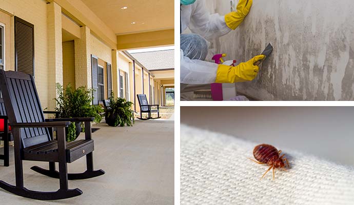 Collage of assisted living porch with rocking chairs beside mold cleanup and a bed bug on fabric