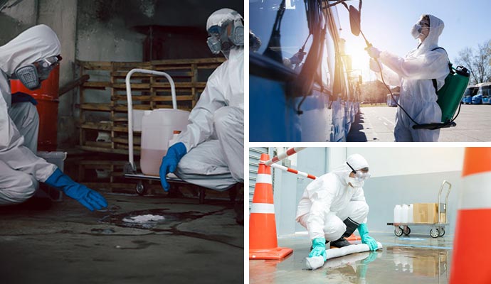 Collage of extreme cleaning, vehicle decontamination and blood cleanup service