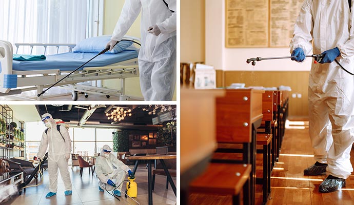Collage of healthcare, restaurant and school sanitization service