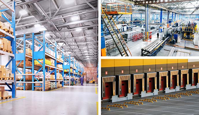 Collage of clean warehouse, manufacturing floor, and loading docks areas