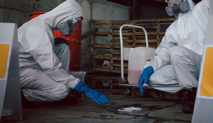 Hazmat technicians cleaning a hazardous spill during industrial trauma cleanup