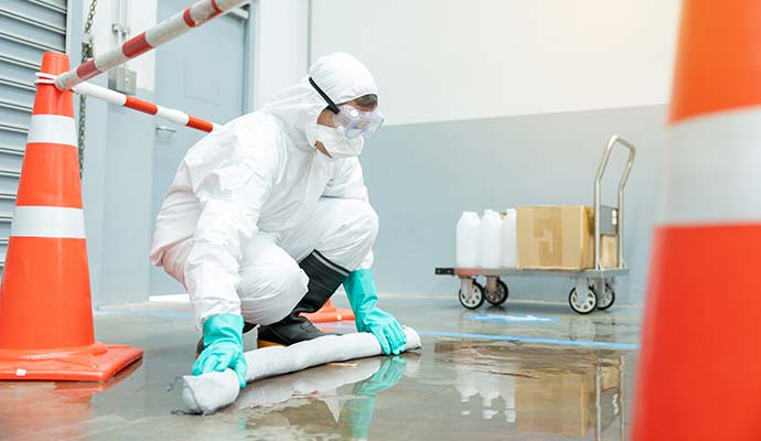 An expert in hazmat suits cleaning spill containment on a warehouse floor
