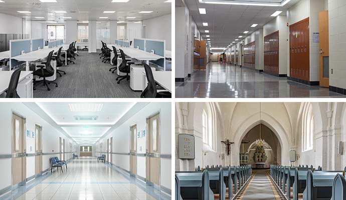 Collage of clean office, school, hospital, and church interiors
