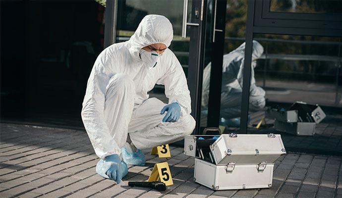 Professional cleaning crime scene outside of a retail store