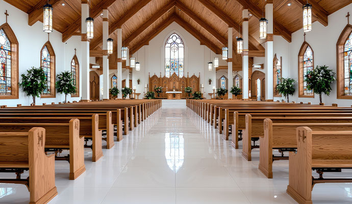 The interior of a grand, modern church