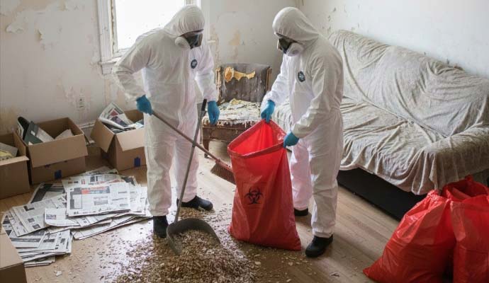 Professionals performing urine and feces cleanup service