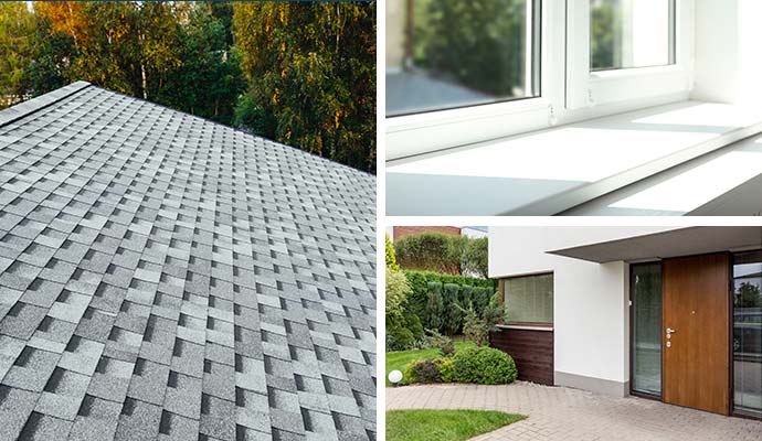 Collage showing common pigeon roosting areas including shingled roof, windowsill, and entrance walkway