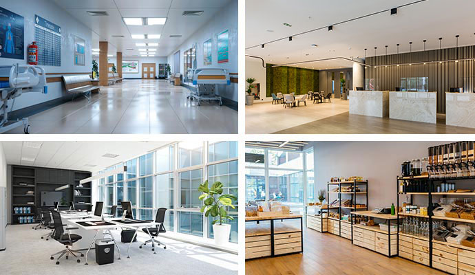 collage of hospital, office room, hotel lobby, and retail store