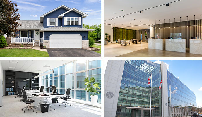 Collage of house, office room, hotel lobby, and government office