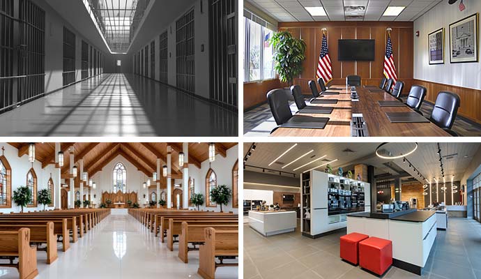 Collage of jail cells corridor, government office, church and hotel lobby