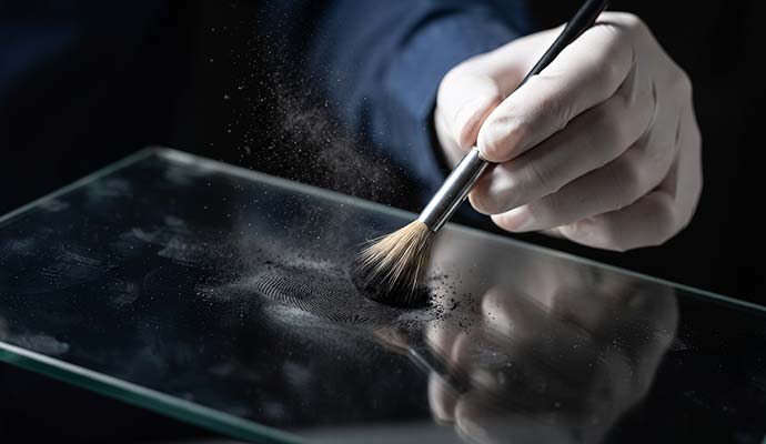 An expert dusting a glass surface with fingerprint powder