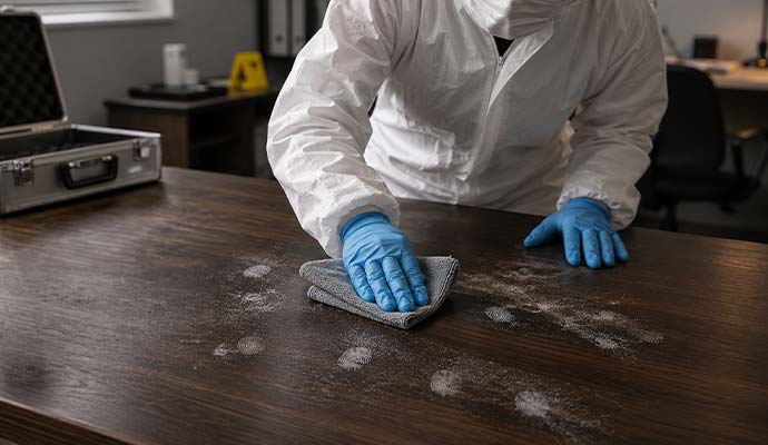 An expert cleaning fingerprint dust from a wooden desk