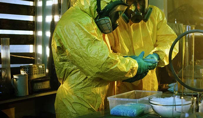 Hazmat workers in yellow suits inspecting narcotics