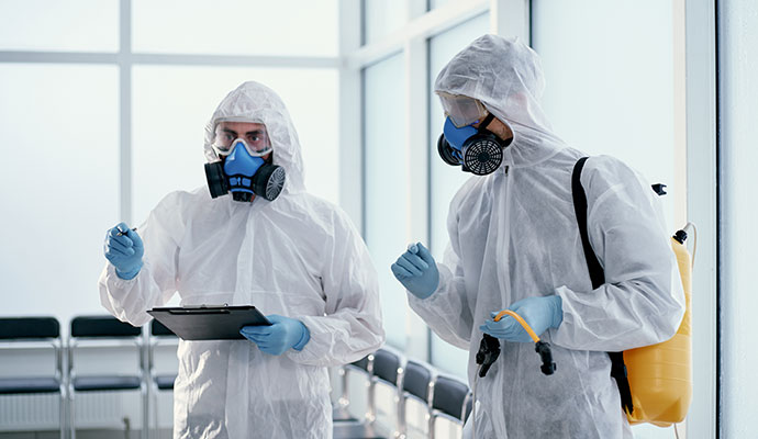 Homicide cleanup team inspecting commercial space