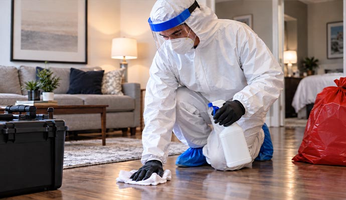 Professional cleaner cleaning a trauma scene